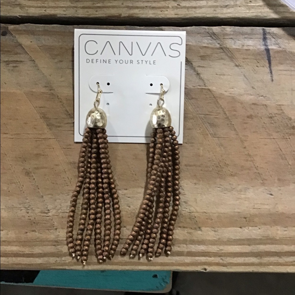 NEW GOLDTONE BRONZE WOOD BEAD TASSEL EARRINGS